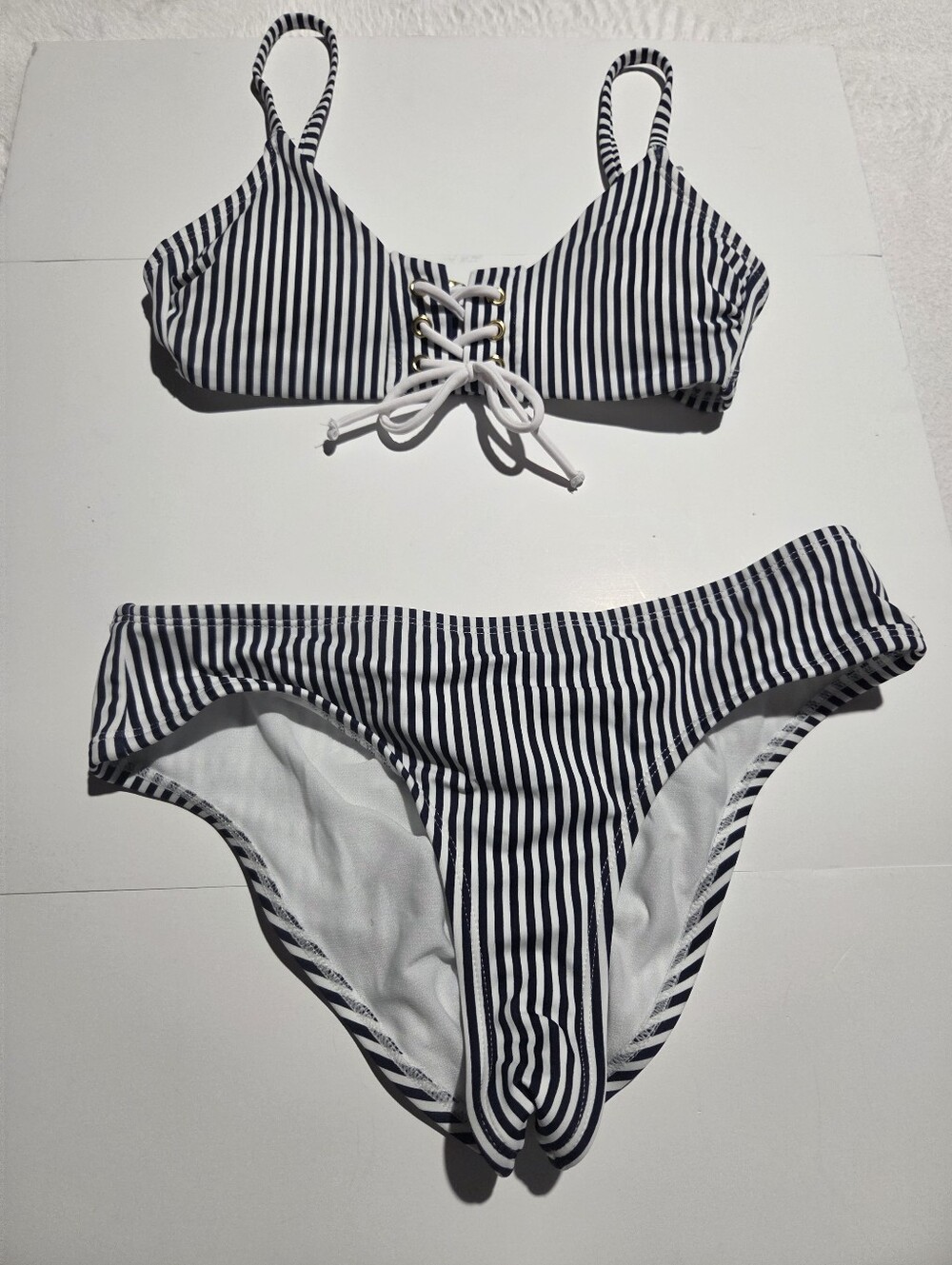 Xhilaration Navy and White Striped Lace-Up Bikini